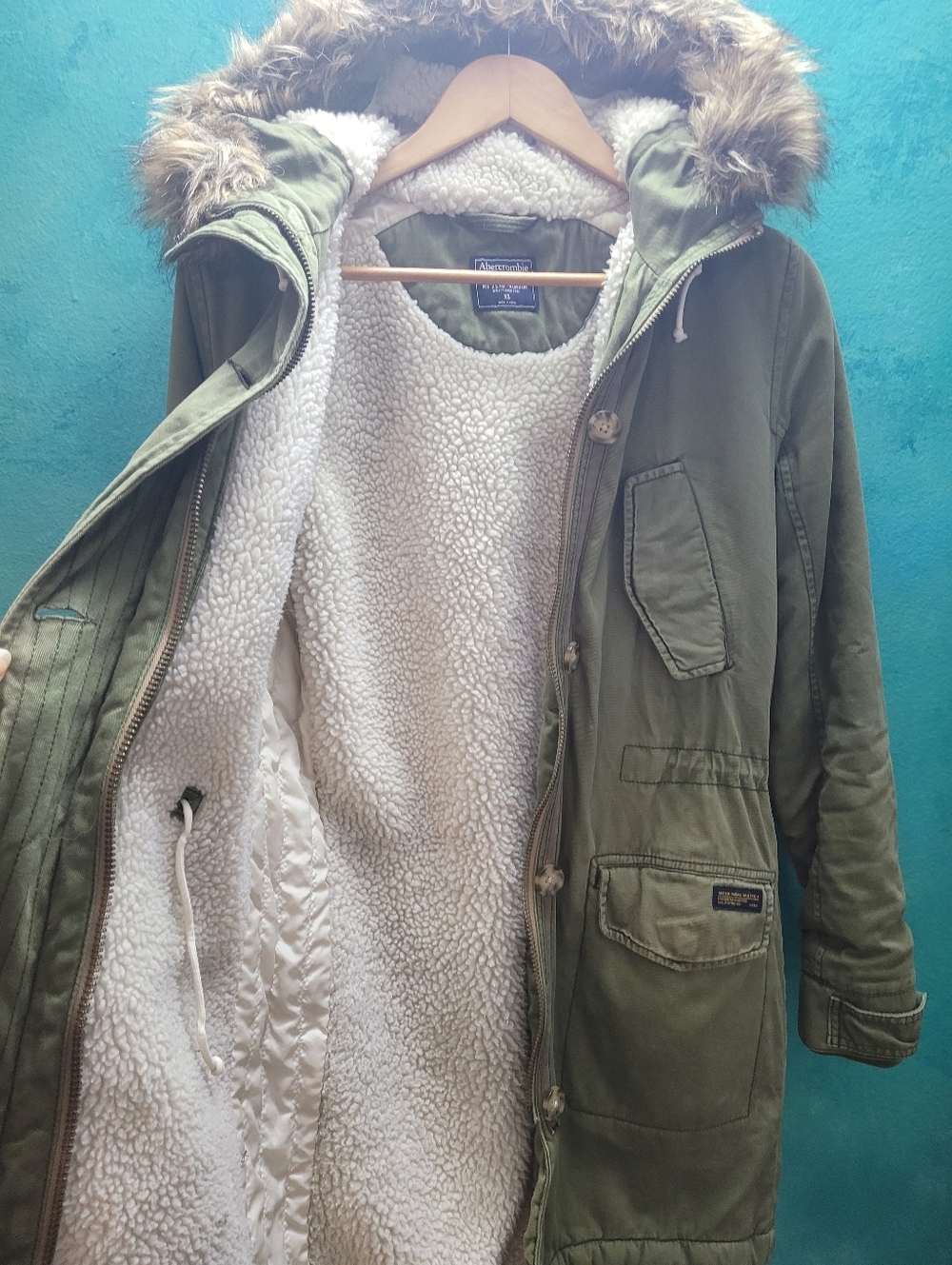 Abercrombie & Fitch Olive Green Sherpa Lined Parka Jacket Winter Utility Coat